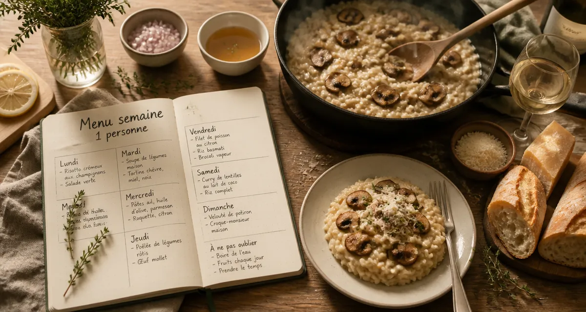 Menu semaine 1 personne : 7 jours de repas sans gaspillage, risotto aux champignons