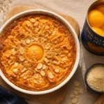 Gratin d’oreillon de peche aux amandes, vue de dessus.