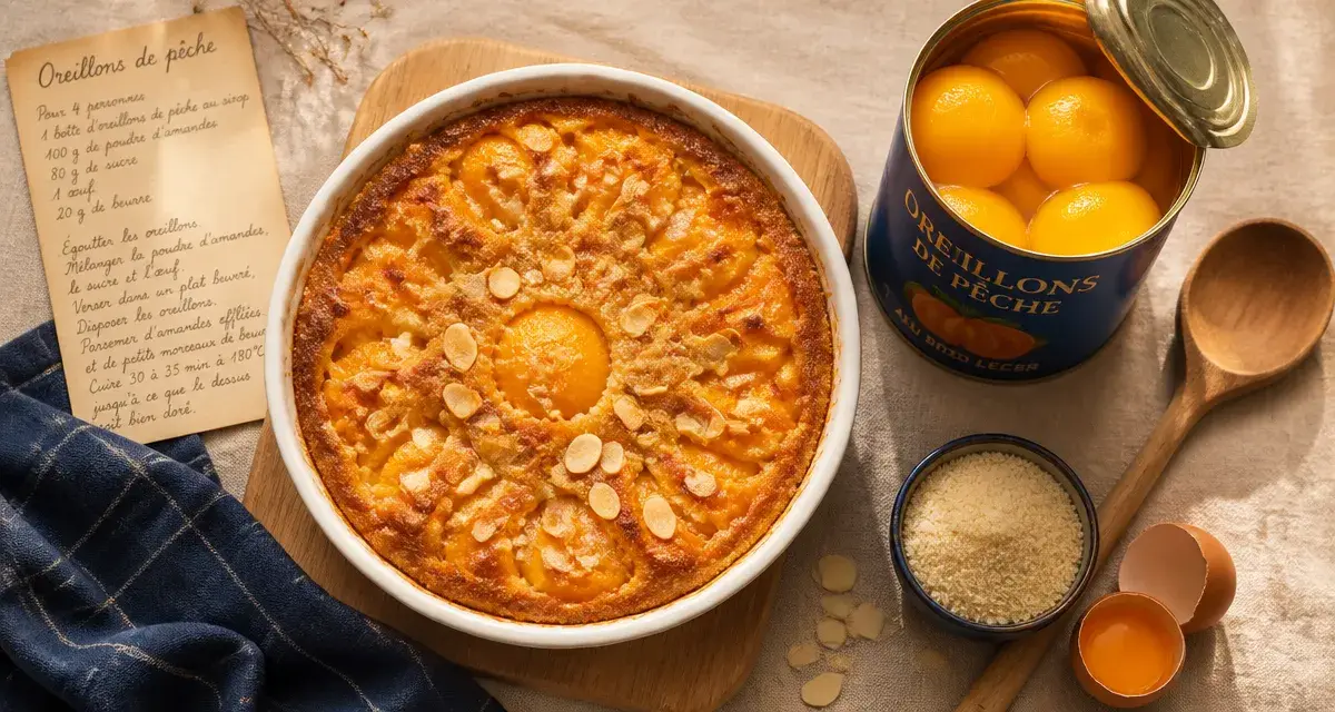 Gratin d’oreillon de peche aux amandes, vue de dessus.