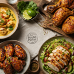 plat a base de poulet varié sur table rustique