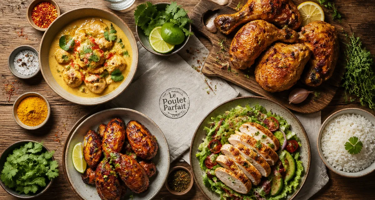 plat a base de poulet varié sur table rustique
