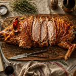 porcelet a la broche decoupe peau croustillante