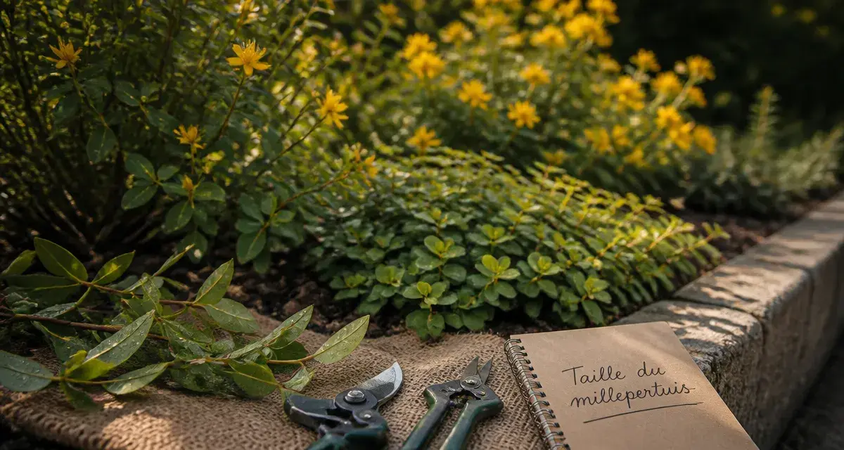 Taille des millepertuis : sécateur et rameaux, floraison en jardin