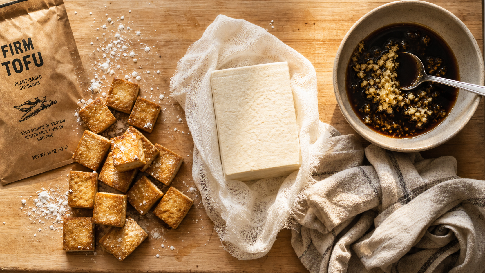 Tofu définition : bloc et cubes de tofu en préparation