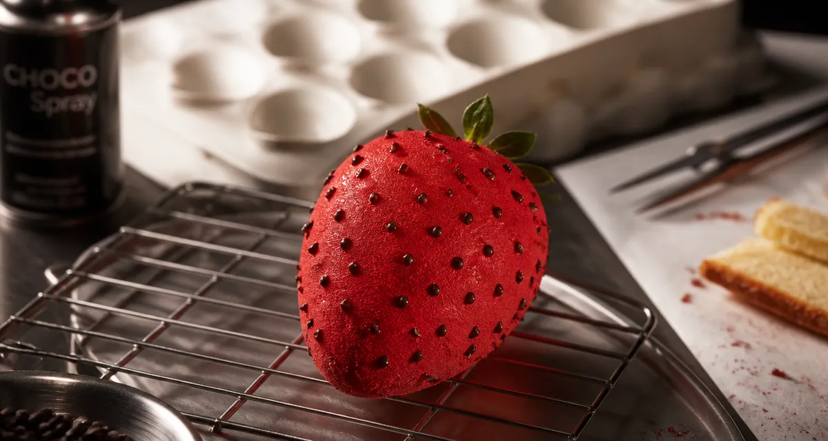 trompe l oeil fraise, entremets réaliste sur grille inox