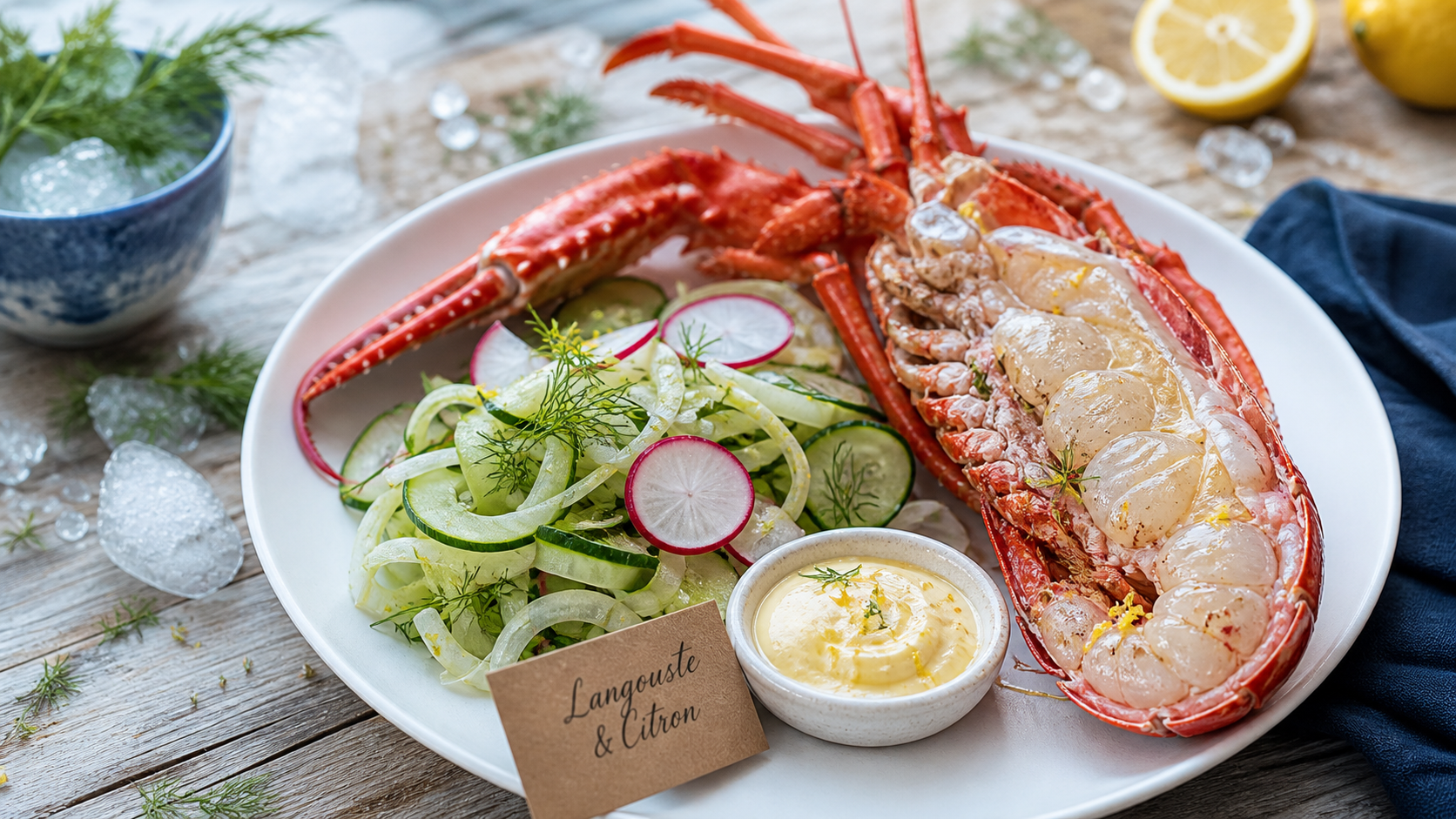 Accompagnement langouste froide : salade fenouil-citron, mayonnaise au citron, vin blanc