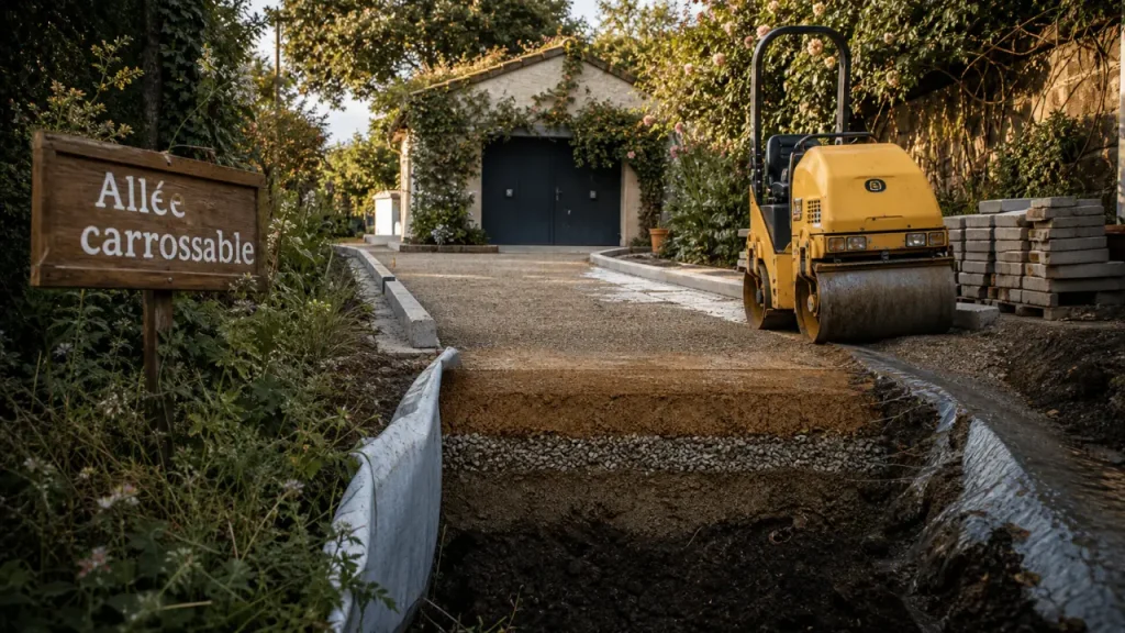 Allée carrossable pas chere : gravier, pavés ou béton, chantier prêt