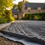 Allée carrossable pas chere en gravier stabilisé, pneus marqués, géotextile