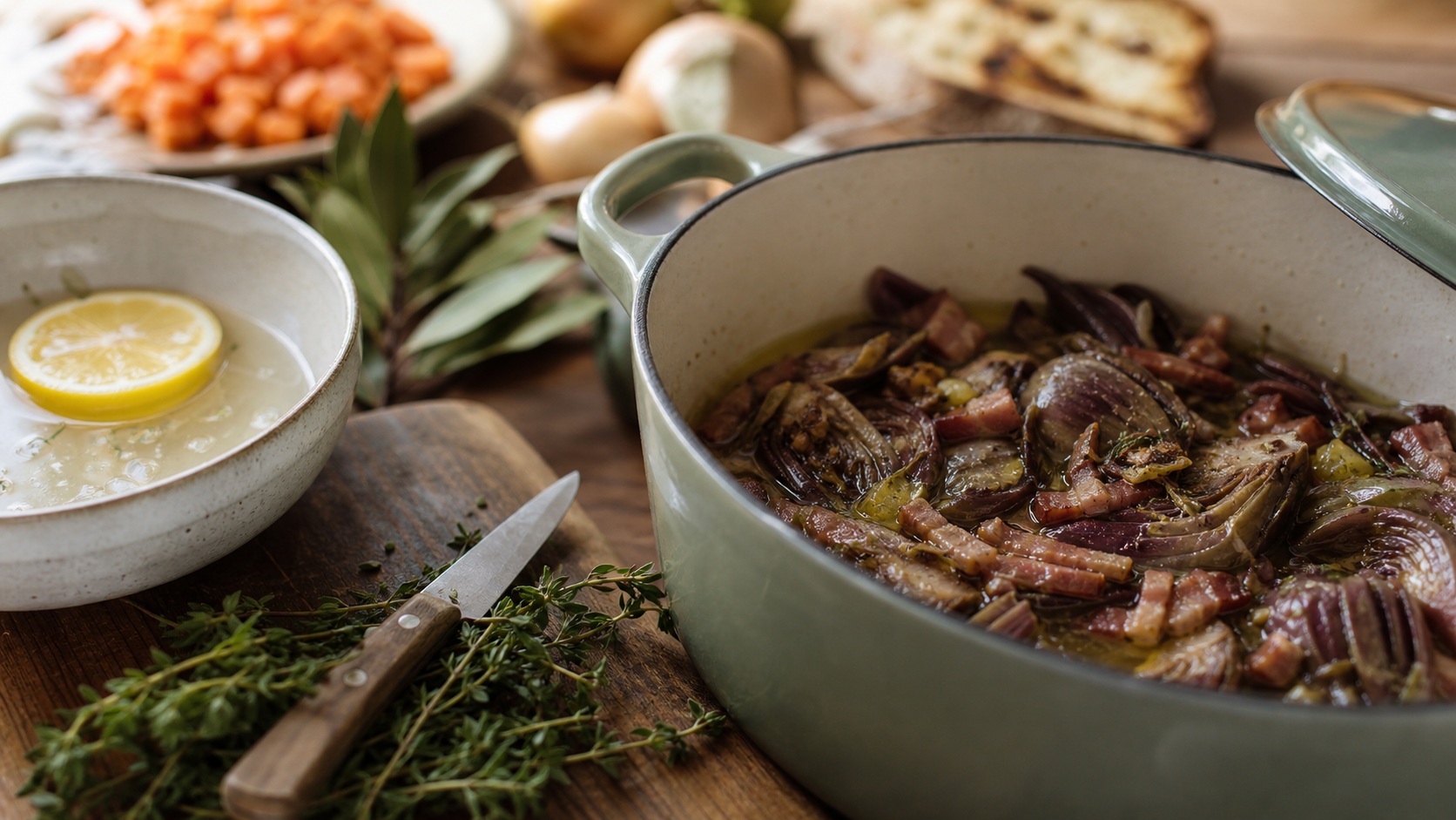 Artichaut barigoule citron vin blanc, cocotte braisée