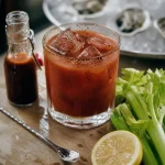 Bloody mary recette : verre froid, céleri et citron, gros glaçons