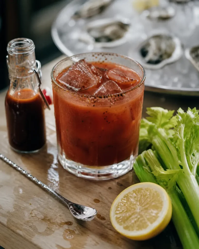 Bloody mary recette : verre froid, céleri et citron, gros glaçons