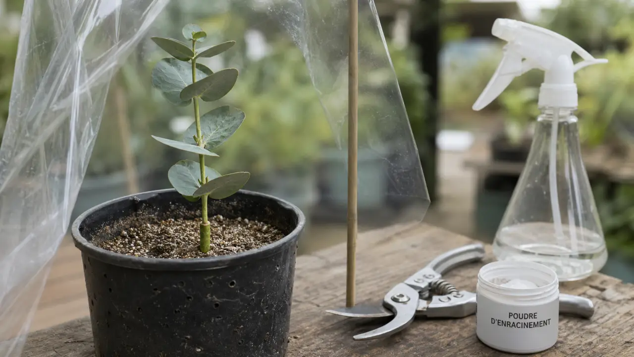 Bouture eucalyptus en pot avec substrat et mini-serre en plastique