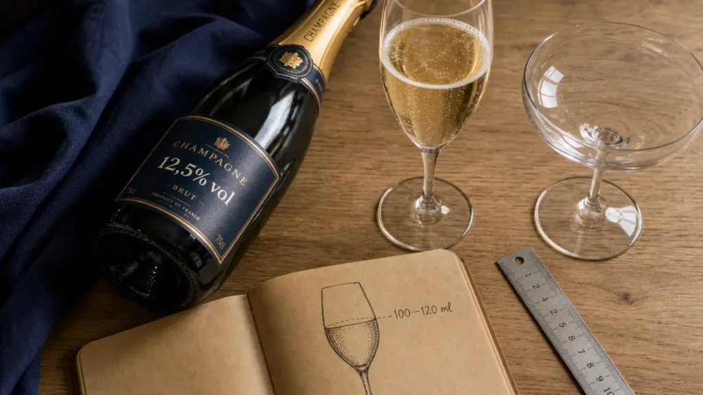 Champagne degrée alcool 12,5% vol, bouteille sur table bois