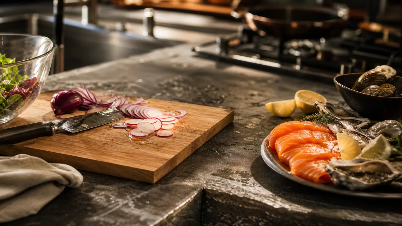 Cuisine hauteur plan de travail 90 cm, plan stratifié et évier inox