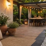 Déco jardin extérieur : terrasse en bois avec bordure ardoise noire