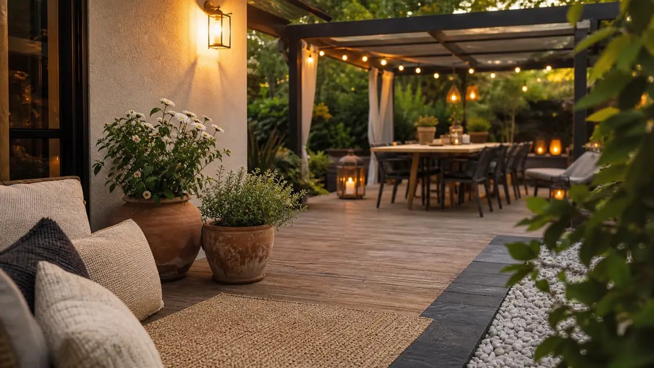 Déco jardin extérieur : terrasse en bois avec bordure ardoise noire