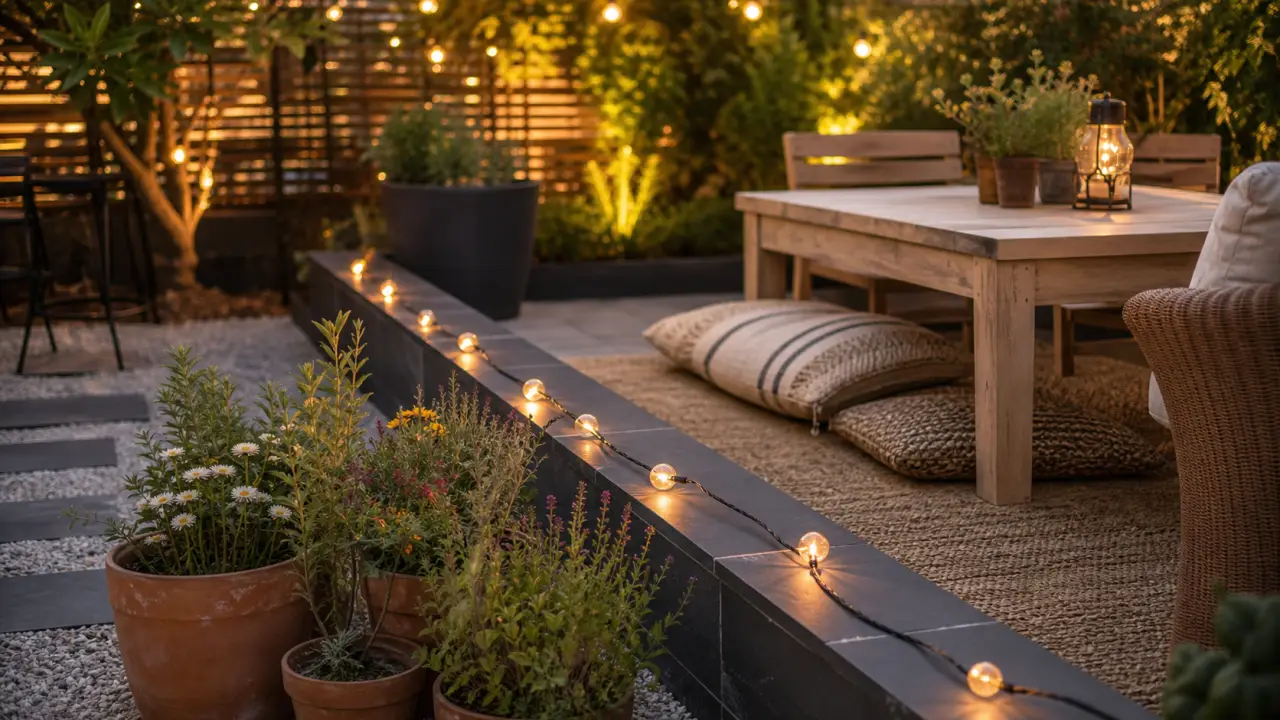 Déco jardin extérieur : terrasse chaleureuse avec guirlande lumineuse et bordures en ardoise