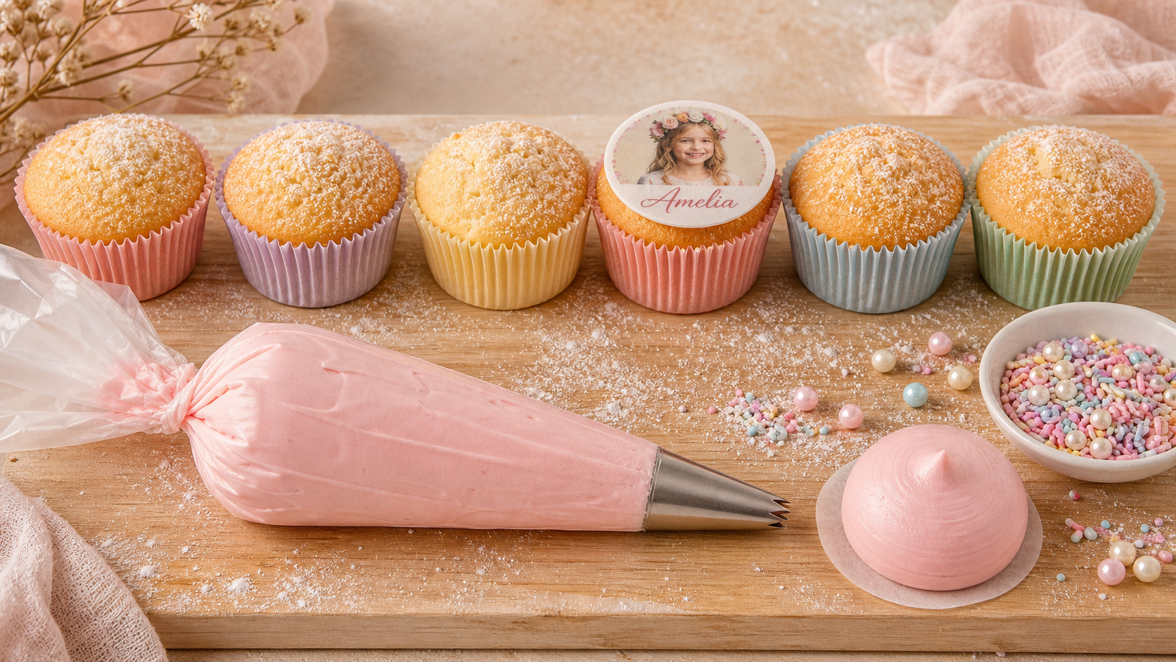 Decoration muffins : topping rosé lisse et sprinkles multicolores
