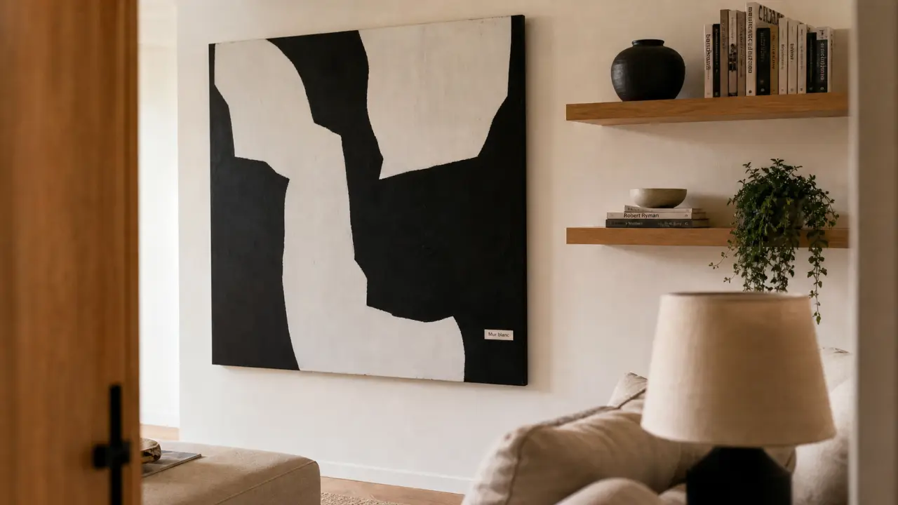 Décorer mur blanc avec grand tableau noir et étagères flottantes en chêne