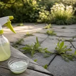 Dosage désherbant vinaigre sel liquide vaisselle : flacon, sel et liquide vaisselle sur terrasse fissurée