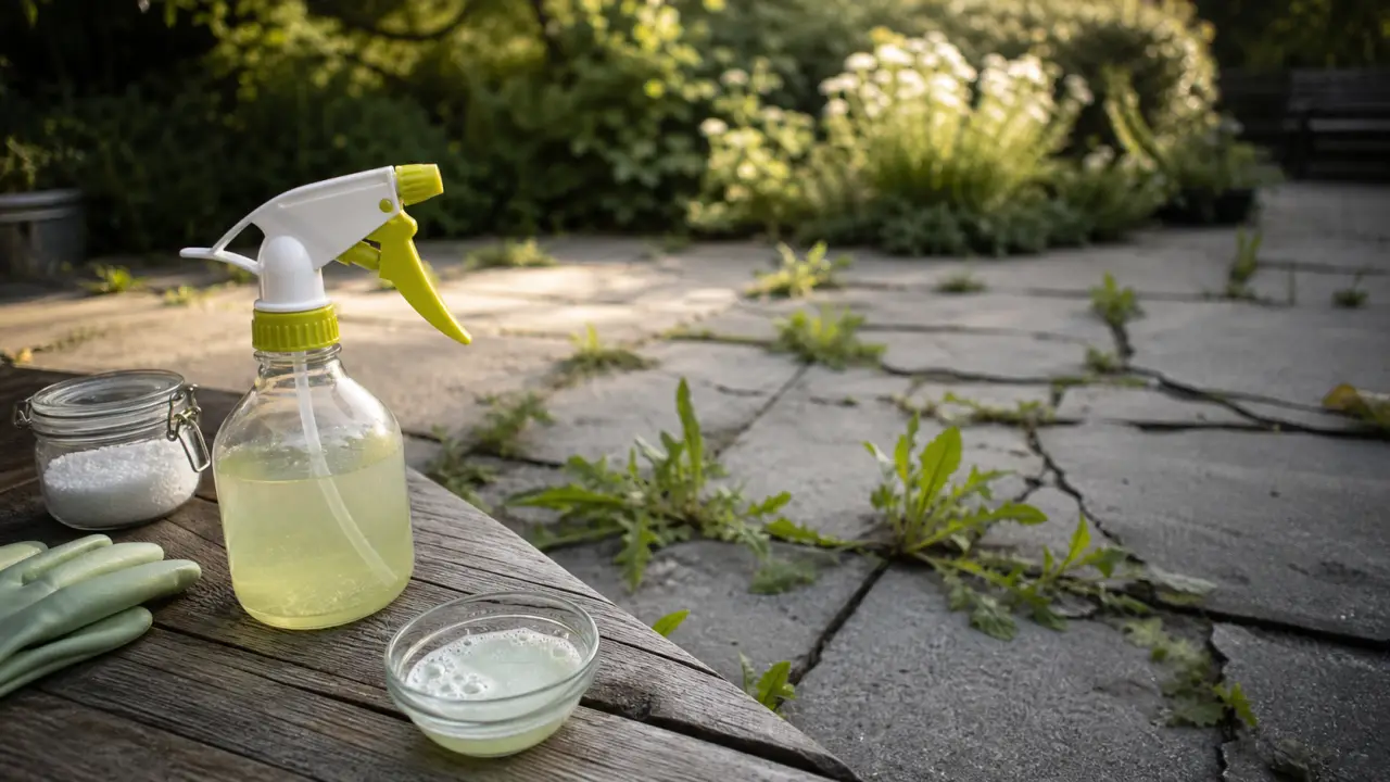 Dosage désherbant vinaigre sel liquide vaisselle : flacon, sel et liquide vaisselle sur terrasse fissurée