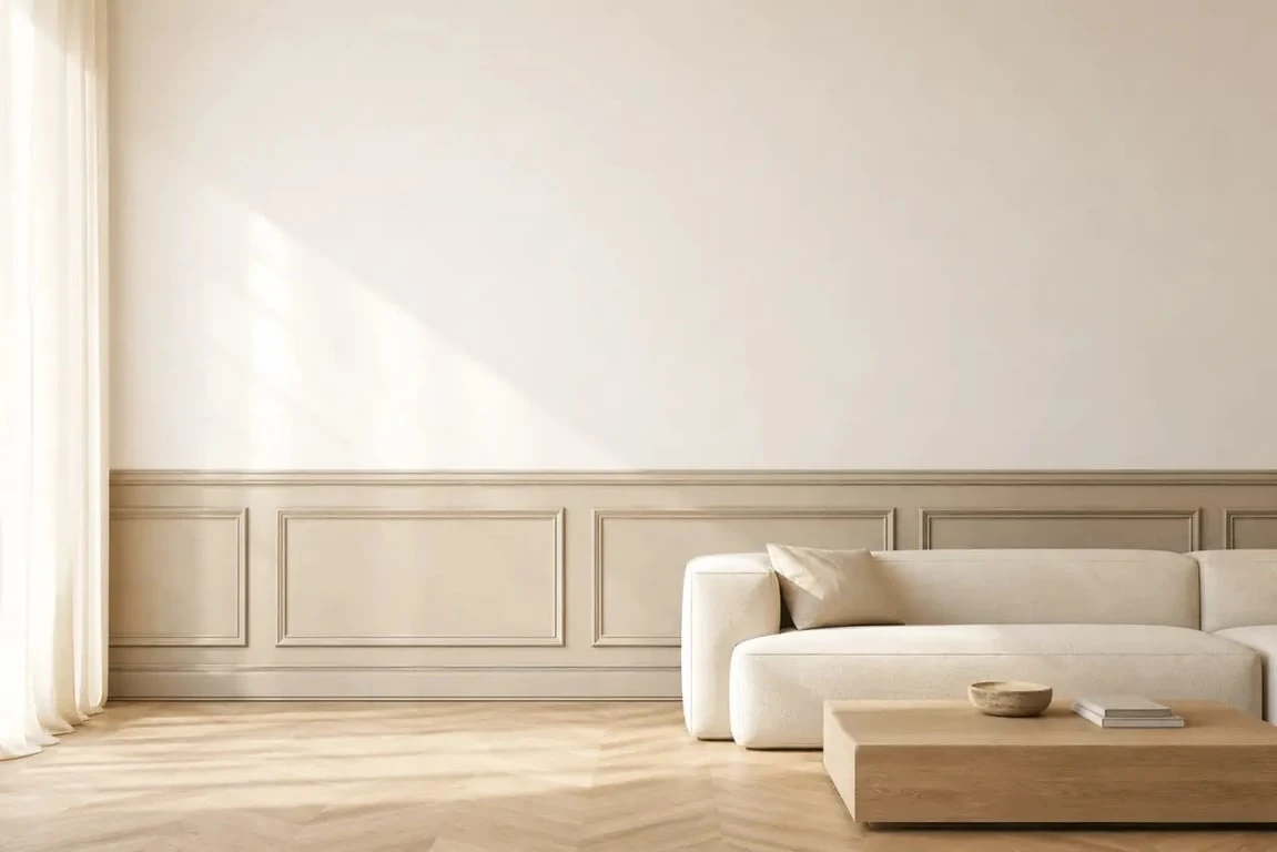 Papier peint soubassement dans un salon élégant avec effet moulure et mur supérieur uni