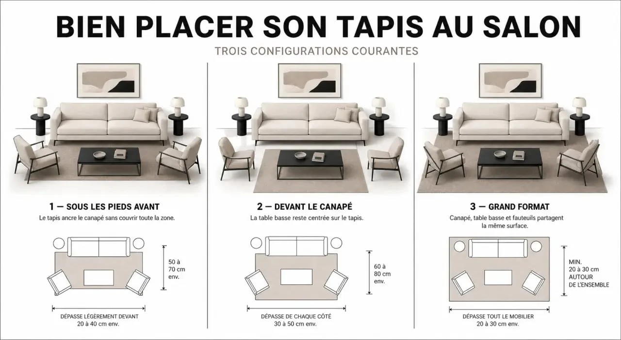 Tapis dans salon : trois façons de placer un tapis sous le canapé, devant le canapé ou sous tout le mobilier