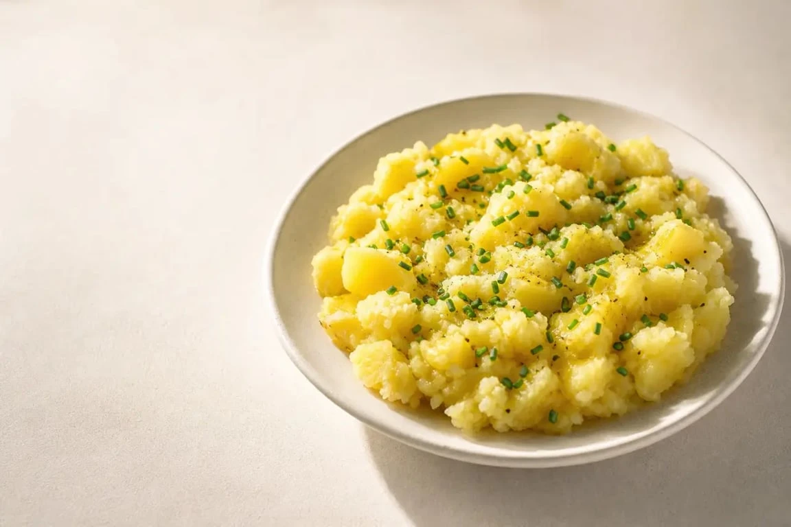 Écrasé de pomme de terre rustique et appétissant servi en assiette, avec ciboulette et huile d’olive