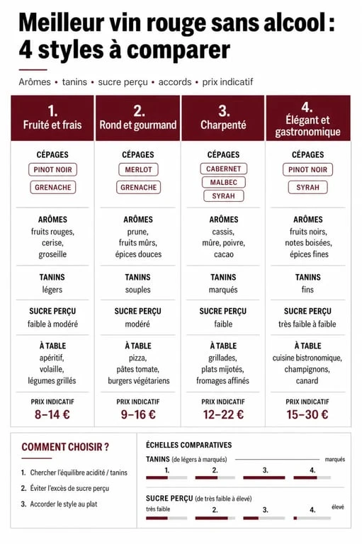 Infographie comparative du meilleur vin rouge sans alcool avec styles, cépages et usages