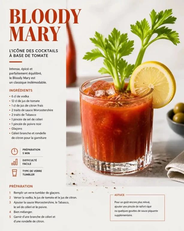 Recette Bloody Mary maison dans un verre tumbler avec branche de céleri et citron