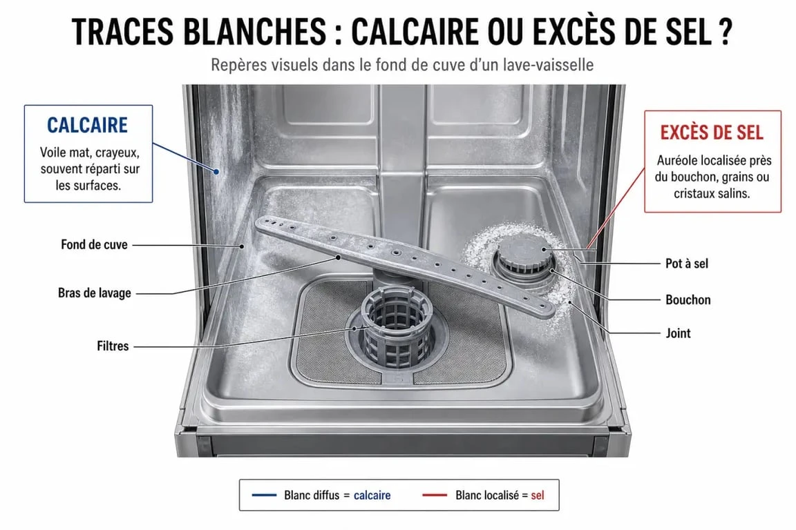 Lave vaisselle qui laisse des traces de sel : schéma du pot à sel, du bouchon et du fond de cuve