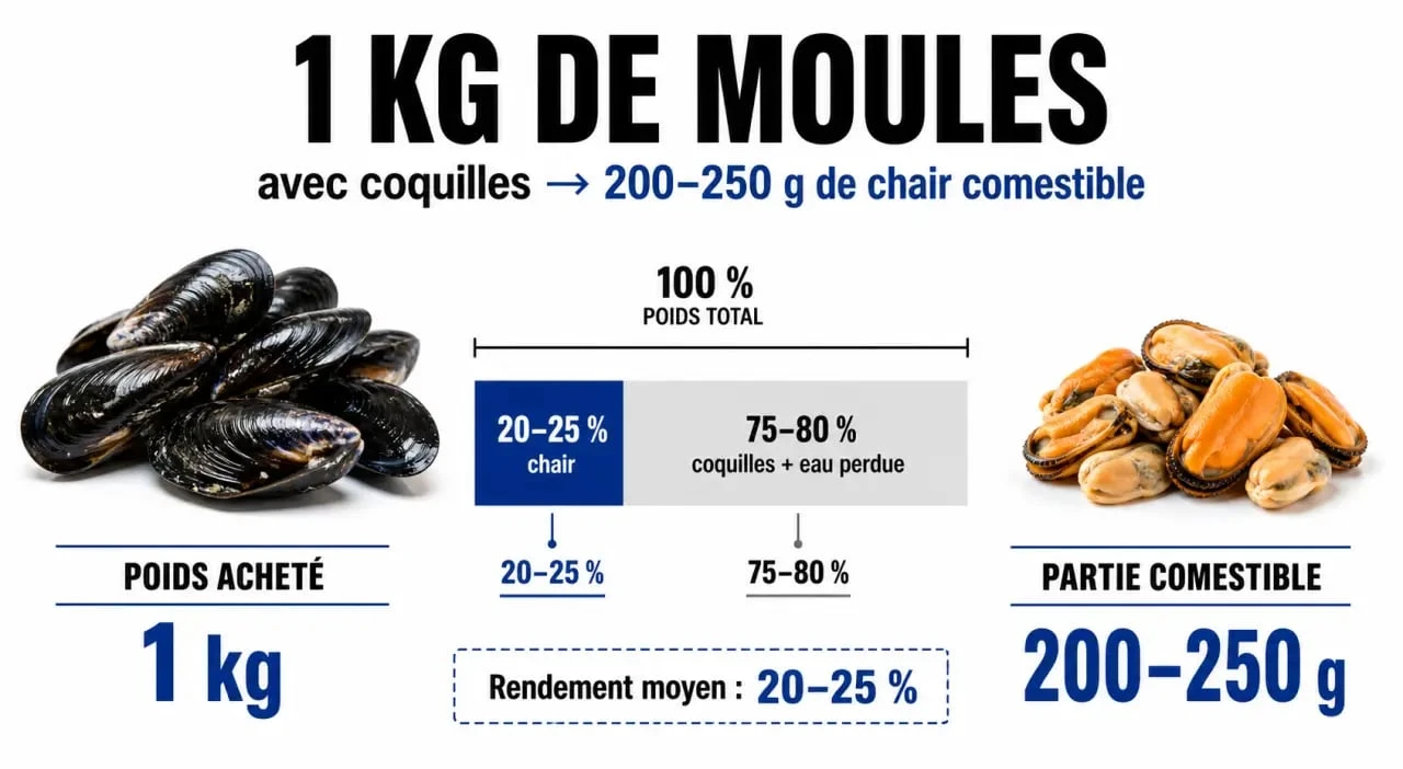 Infographie montrant le rendement en chair nette pour 1kg de moules avec coquilles