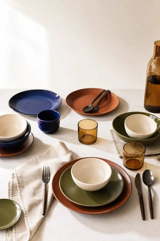 Table dressée avec de la vaisselle colorée en grès et porcelaine