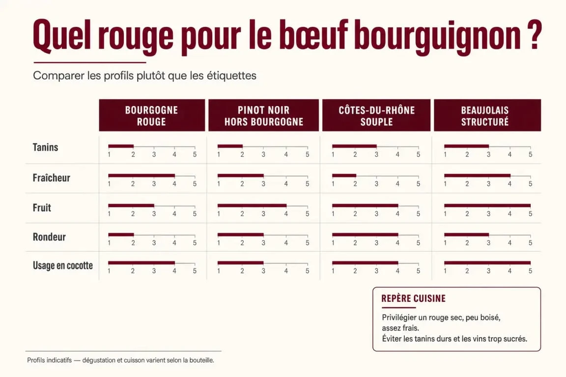 Vin rouge pour cuisiner boeuf bourguignon : comparaison des vins adaptés pour la cocotte