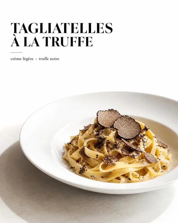 Pâte à la truffe crémeuse servie dans une assiette élégante avec copeaux de truffe