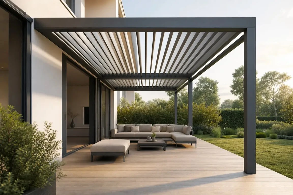Terrasse couverte maison contemporaine avec pergola et mobilier extérieur