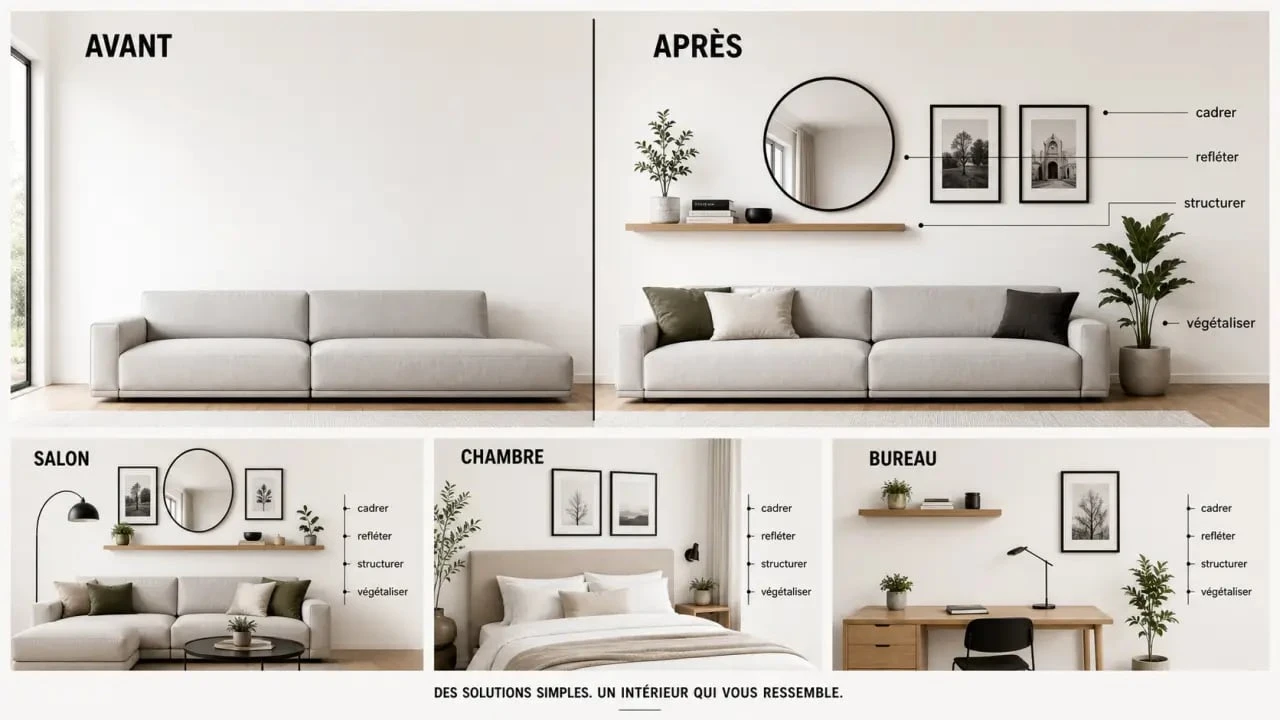 Décorer mur blanc : avant/après avec idées pour salon, chambre et bureau