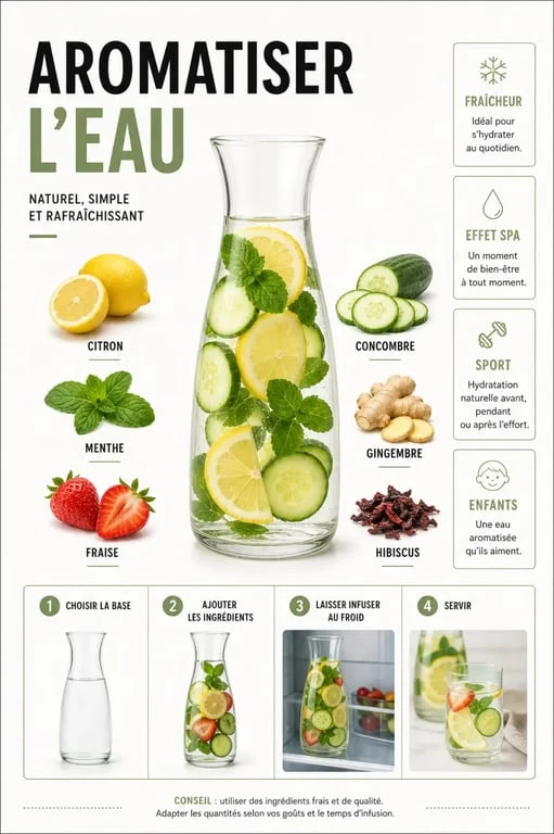 Aromatiser l eau naturellement avec une carafe, des fruits, des herbes et un mini guide visuel