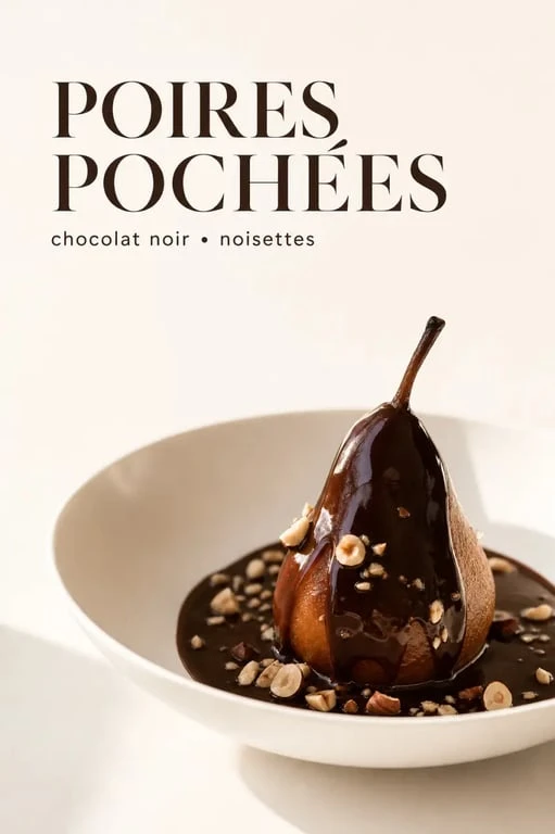 Recette des poires au chocolat servie en assiette creuse avec sauce chocolat noir brillante et poires pochées tièdes
