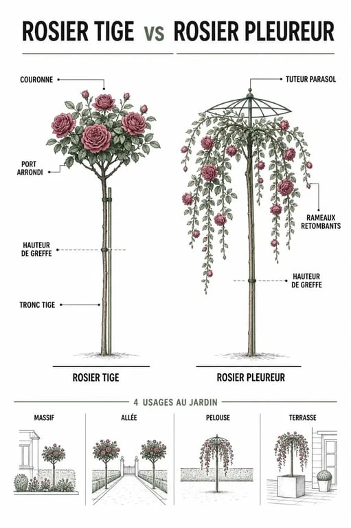 Rosiers tiges pleureurs comparés en schéma éditorial avec hauteurs de greffe, ports en boule et retombants, usages au jardin