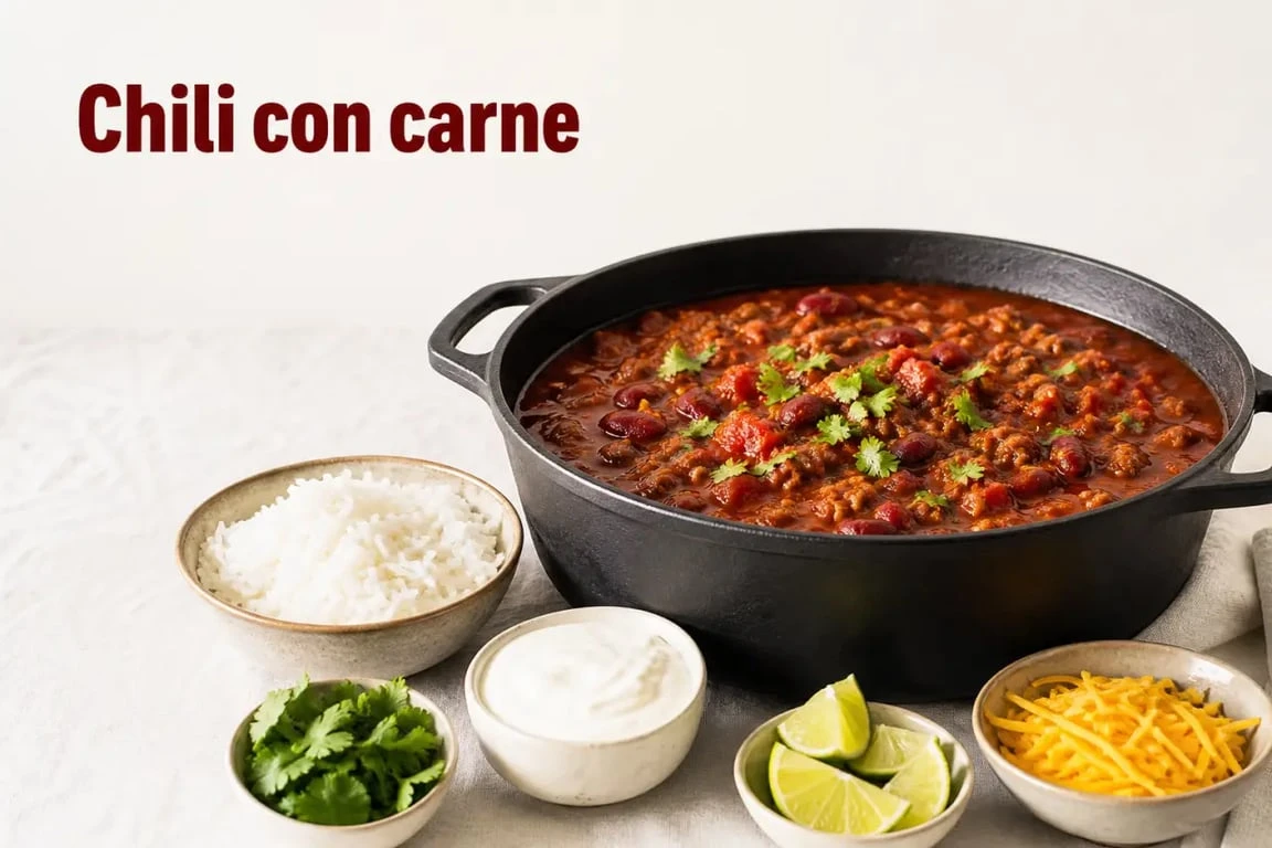 Plat unique pour 12 personnes : chili con carne familial servi en grande cocotte avec riz et garnitures