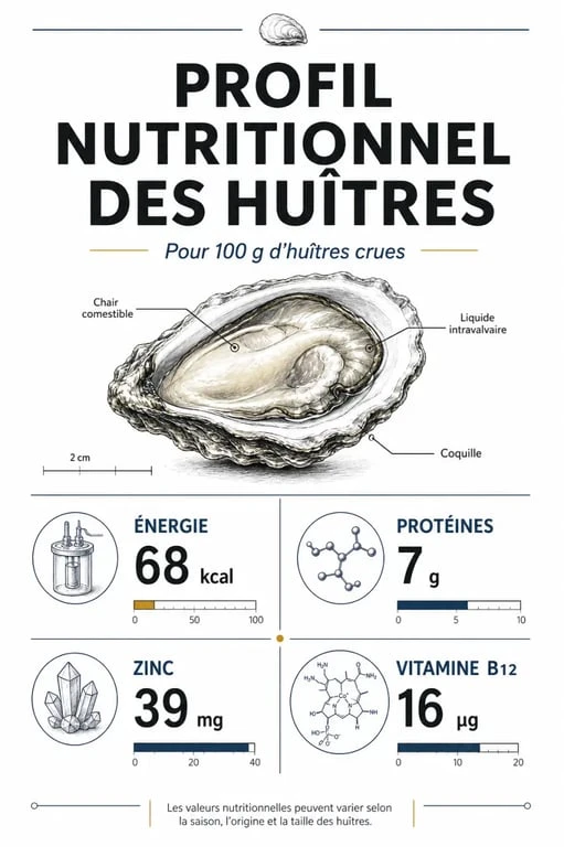 Infographie nutritionnelle : calories, protéines et minéraux dans 100g d'huîtres