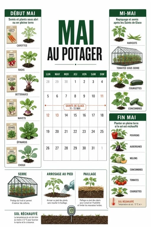 Que planter en mai au potager : calendrier visuel des semis, plantations et repiquages
