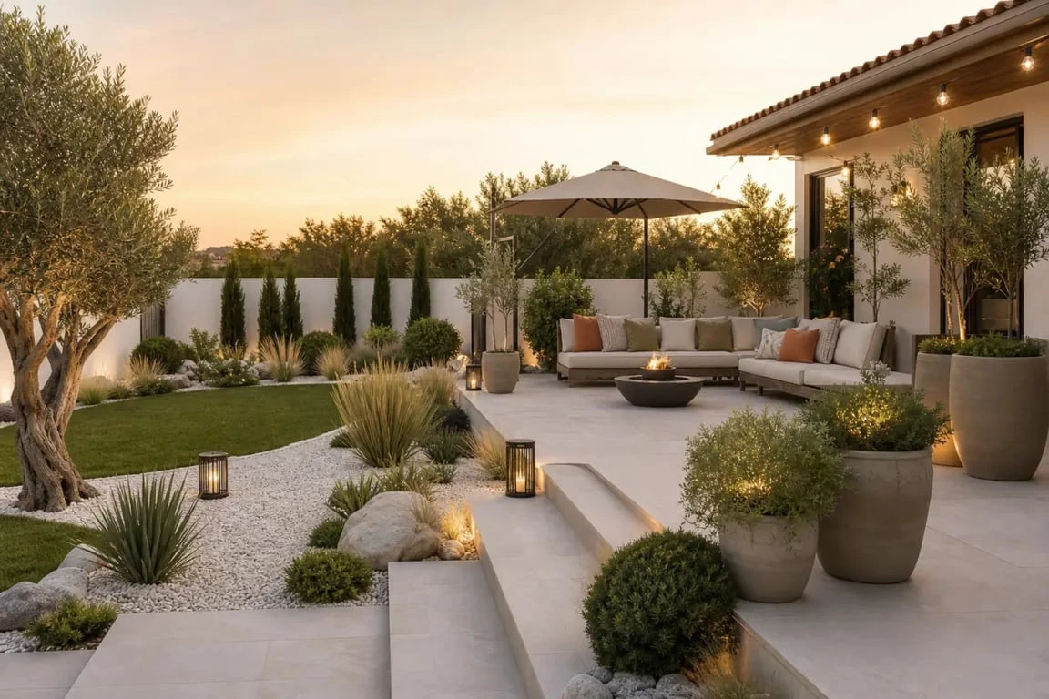Déco jardin extérieur : terrasse chaleureuse avec guirlandes, pots, bordures minérales et coin détente