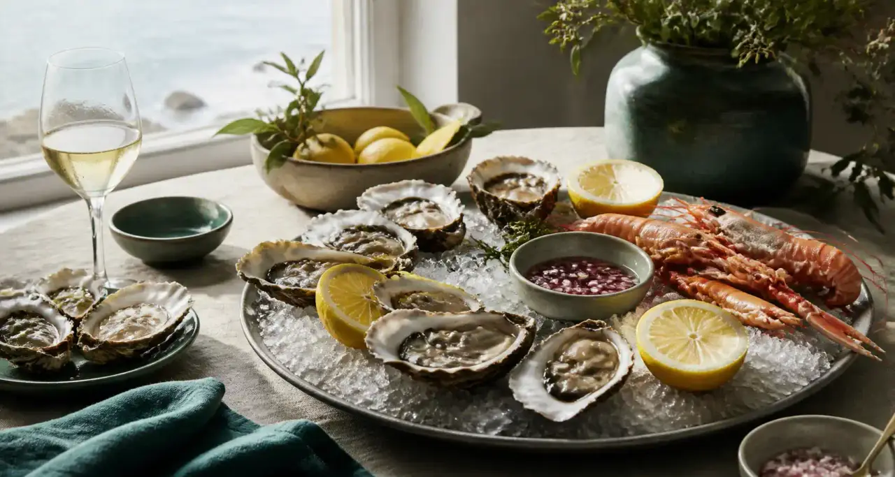 Plateau de fruits de mer avec huîtres, citron et langoustines sur une table côtière