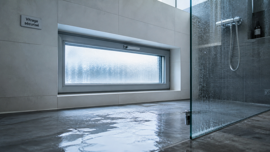 Fenetre dans douche avec rebord incliné et étanchéité, vitrage anti-calcaire