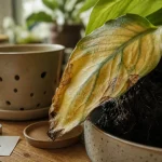 Feuille jaunissent : arrosage et racines, lumière et sol humide visibles