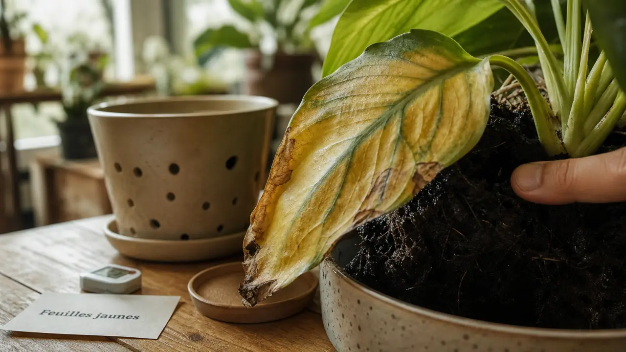 Feuille jaunissent : arrosage et racines, lumière et sol humide visibles