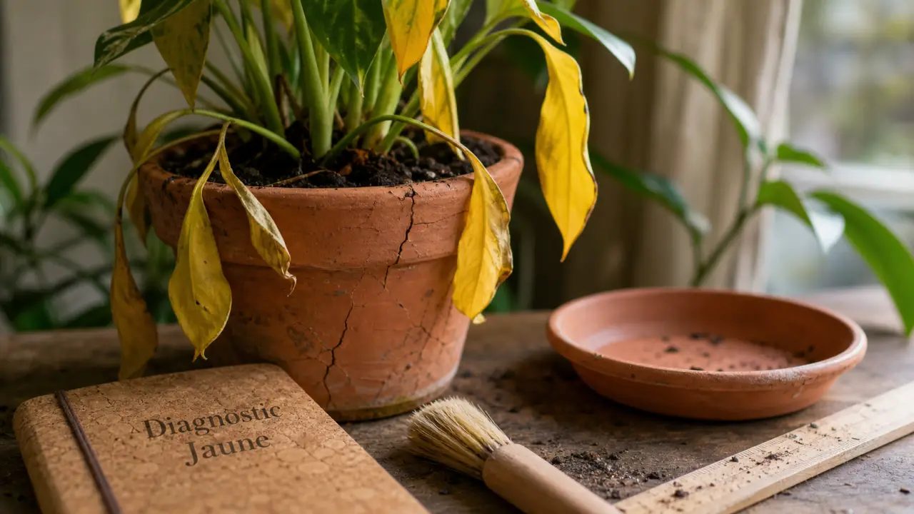 Feuille jaunissent : plante en pot, substrat humide et feuilles jaunes