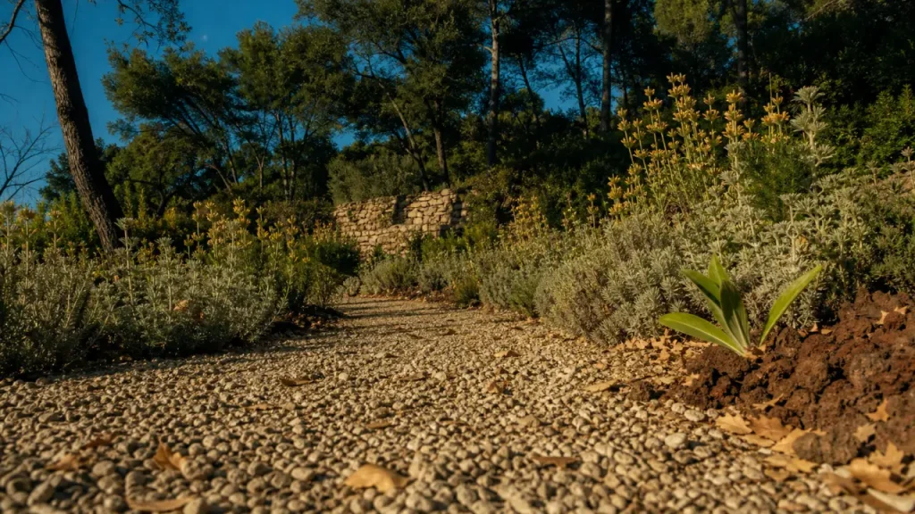 Jardin méditerranéen sans entretien avec paillage, graviers et santoline